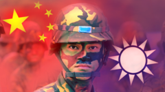 Ilustração mostra soldado entre bandeira da China eblaze campo minadoTaiwan