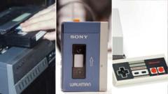 A split image of a VCR and walkman and a Sony Playstation controller