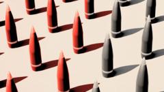 A treated image showing missiles coloured red and grey. They sit against a beige background.