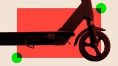 A montage image shows the front wheel and footboard of a dark-coloured e-scooter, viewed from the side. In the background is a red backdrop with a beige frame. The BBC InDepth logo is in the top left-hand corner and a green dot is in the bottom left.