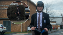 Alfie rides his unicycle to school every day