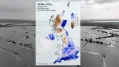 An image of the UK showing rainfall totals for January 2026 with blue for above average rainfall and brown for below average