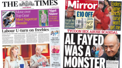 The Papers: 'Labour U-turn on freebies' and 'Fayed was a monster'