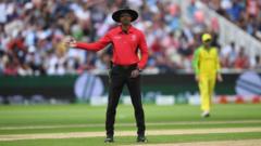 Umpire Handunnettige Dharmasena signals a no ball during the Semi-Final match of the ICC Cricket World Cup 2019 between Australia and England at Edgbaston on July 11, 2019 in Birmingham, England