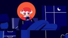 Illustration of a child sat up in bed using a mobile phone. It is dark outside.