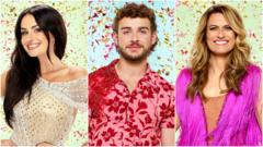 An image showing Amber Davies, George Clarke and Karen Carney in dancing outfits and with confetti raining down on them