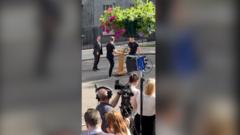 Podium and speakers placed on Downing Street