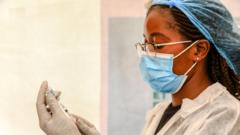 One woman wear facemask, lab coat and hold needle