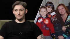 Split image of a man in a black t-shirt (left) and a young family - boy, girl and mother - posing for a picture (right)