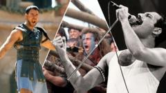 Split image of screengrabs from Gladiator (left), Bravehart (middle) and Bohemian Rhapsody (right)