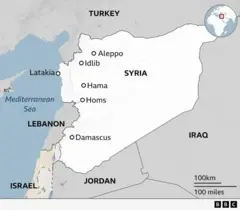 A map showing Syria and some places on it in western Syria. From the north to the south on the west side of Syria, it shows Aleppo, Idlib, Latakia, Hama, Homs, and Damascus. The map shows neighbouring countries to Syria, with Lebanon to the west, Israel in the south-west, Jordan in the south, Iraq in the east, and Turkey in the north.