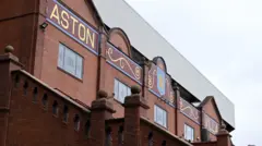 A photo taken from below showing a building with a sign 'Aston Villa'