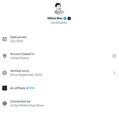 A screengrab of the data associated with the account of X's head of product Nikita Bier showing information about it including his location in the US