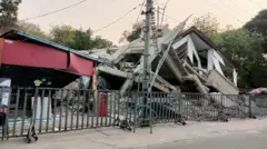 Remains of a collapsed building in Mandalay, Myanmar. A white house collapsed on itself next to a metal powerline pole with trees and shrubbery visible in the background