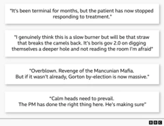 A graphic containing four short quotes reacting to recent UK political events. One compares the situation to a patient no longer responding to treatment. Another says the government is repeating “Boris gov 2.0” mistakes and risks a breaking point. A third calls the reaction overblown and says the Gorton by-election is now significant. The final quote urges calm and says the Prime Minister has acted appropriately.