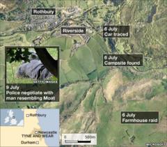 Map showing the hunt for Raoul Moat