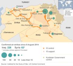Graphic showing areas in Iraq and Syria targeted by airstrikes