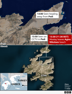 Map of Symi also pointing out the last time he was seen