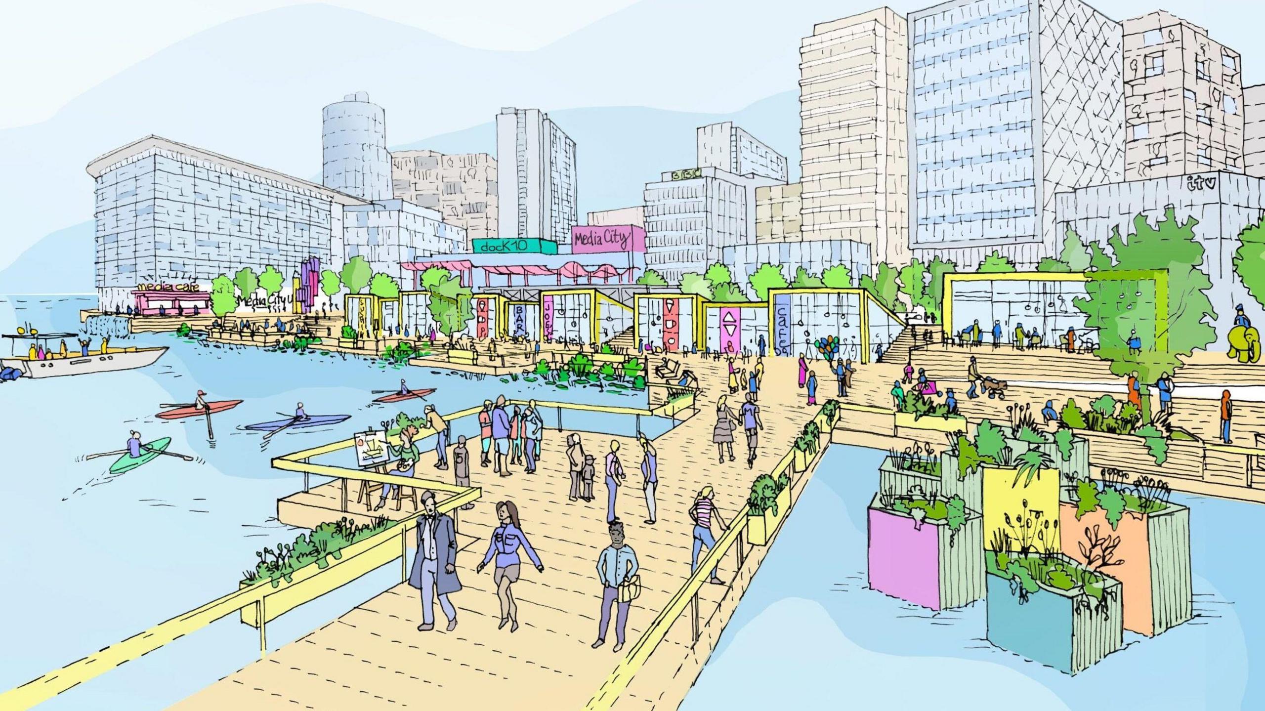 A colourful architectural illustration of a modern waterfront development at MediaCityUK, featuring wooden boardwalks, landscaped planters, people walking and kayaking, and contemporary glass buildings in the background.