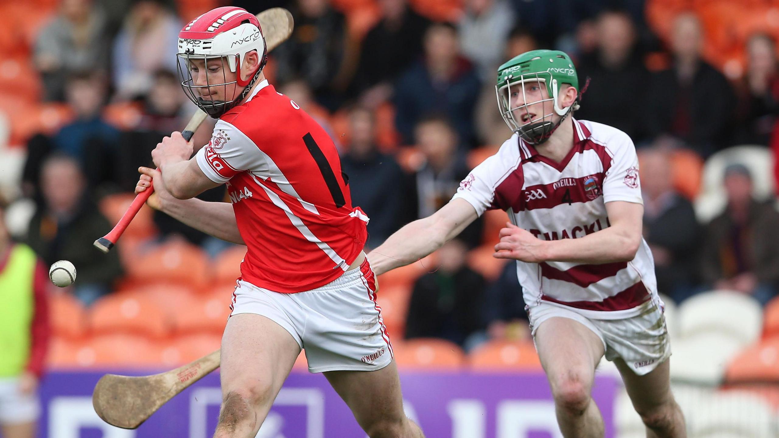 Cuala's Con O'Callaghan gets in a shot during Cuala's All-Ireland Club semi-final win over Slaughtneil in February 2017