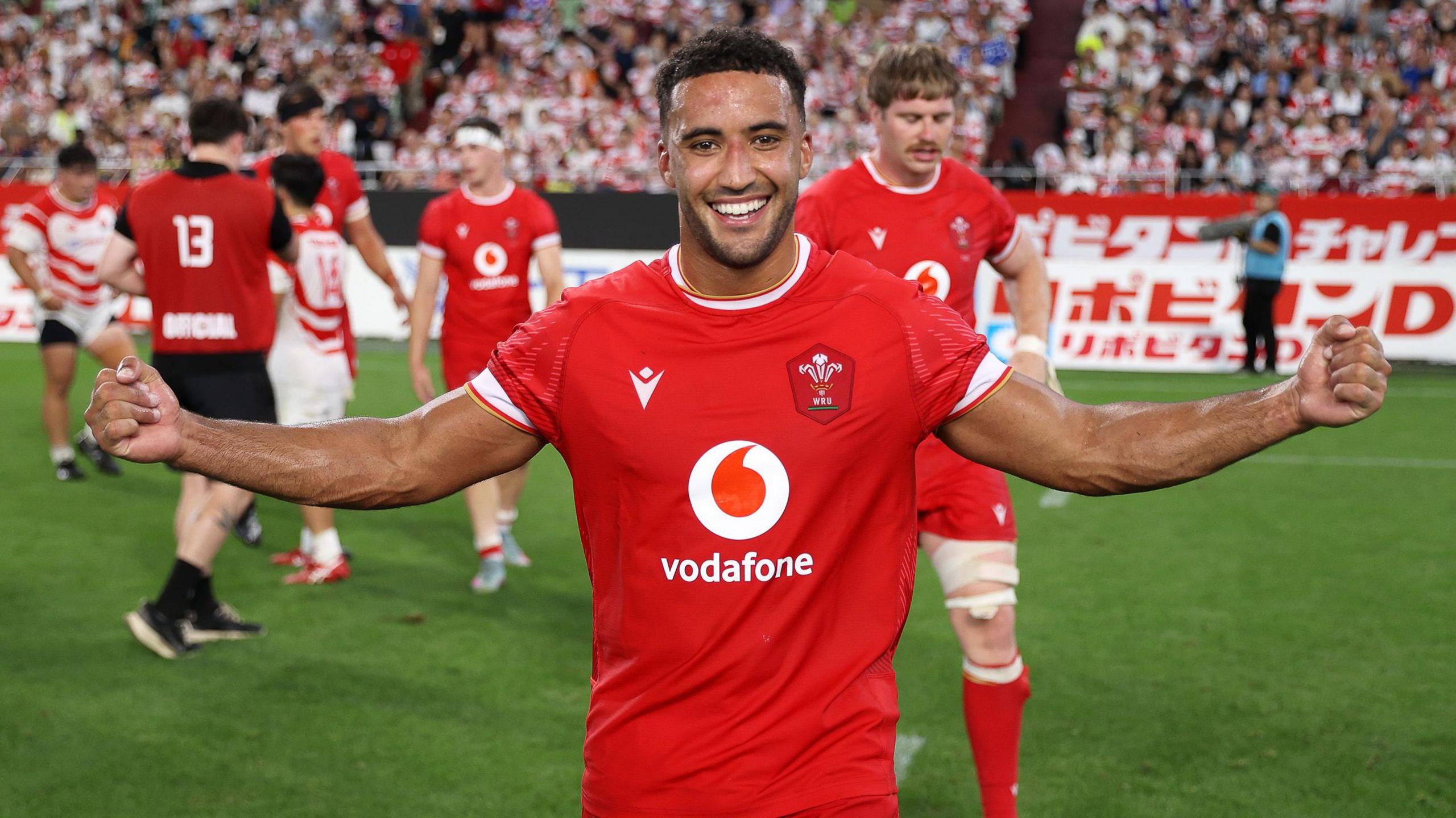 Keelan Giles celebrates after winning his first cap