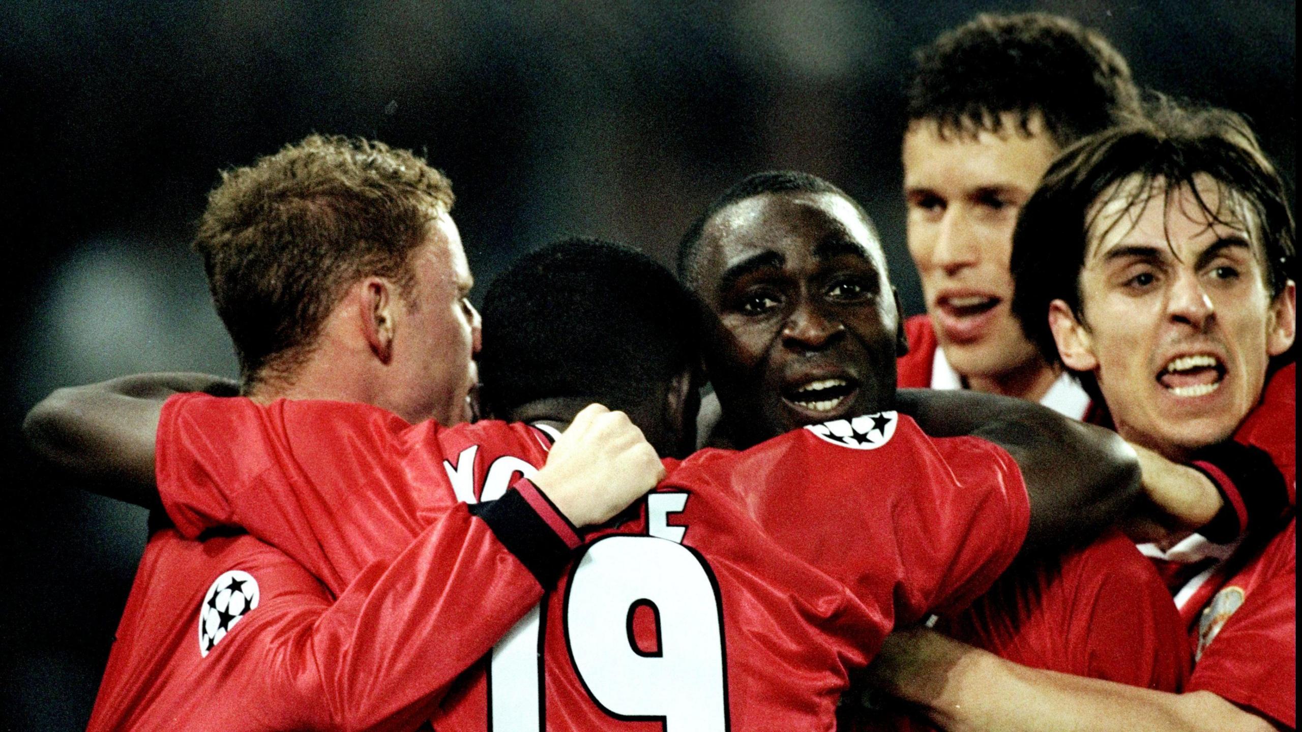 Manchester United's Andrew Cole celebrates their win over Juventus to reach the 1999 Champions League final