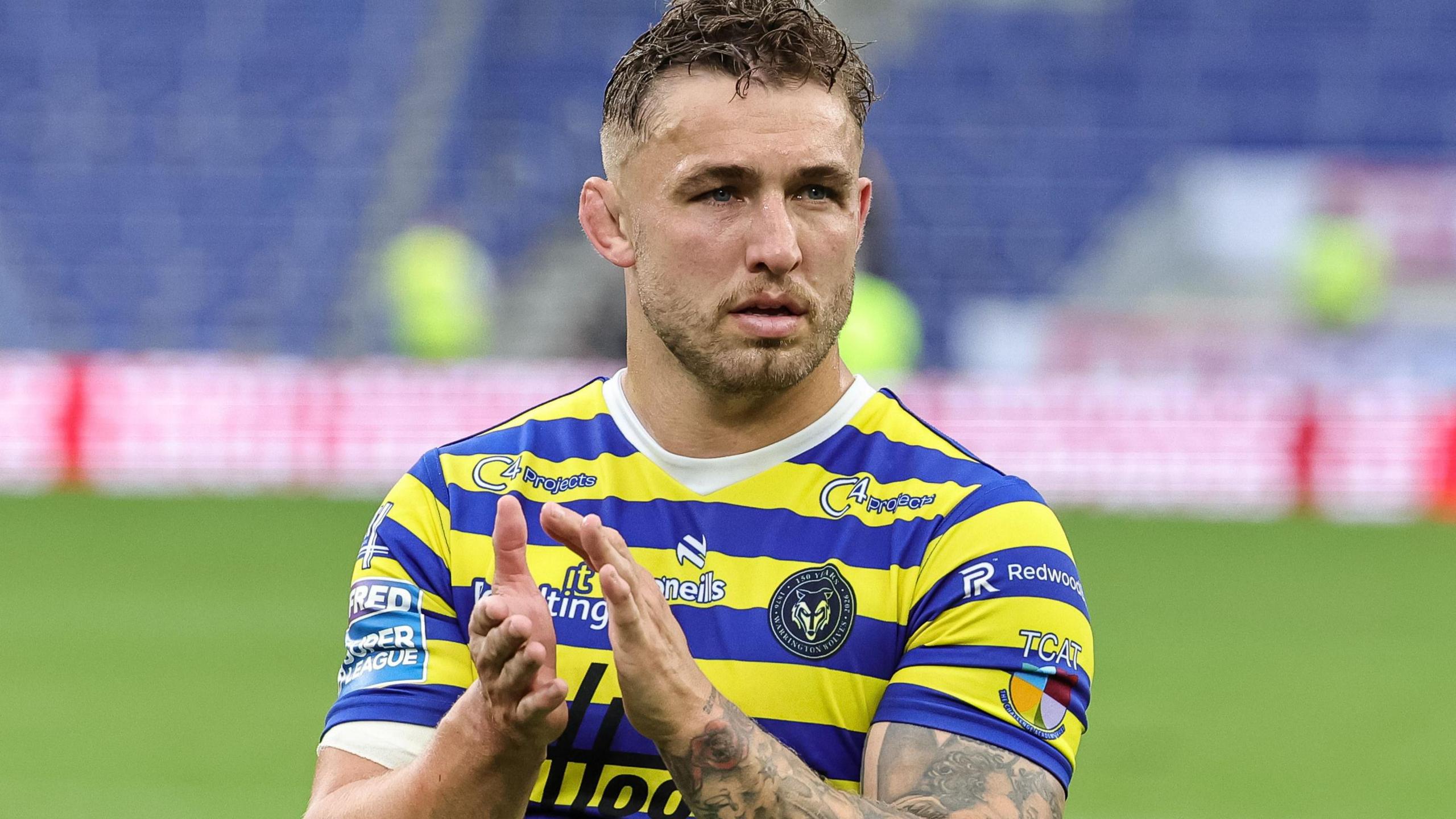 Sam Powell applauds the fans after Warrington's defeat by Leigh at Magic Weekend