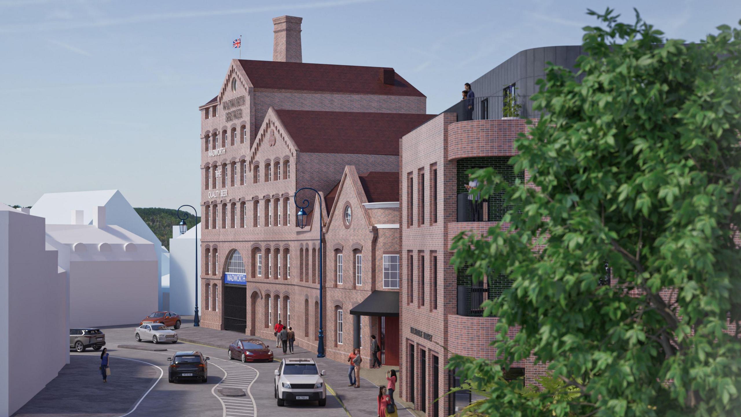 A digital depiction of what the site would look like from the road, next to the listed section. The Victorian building is shown, with the new bit also being red-brick but the structure being more modern.