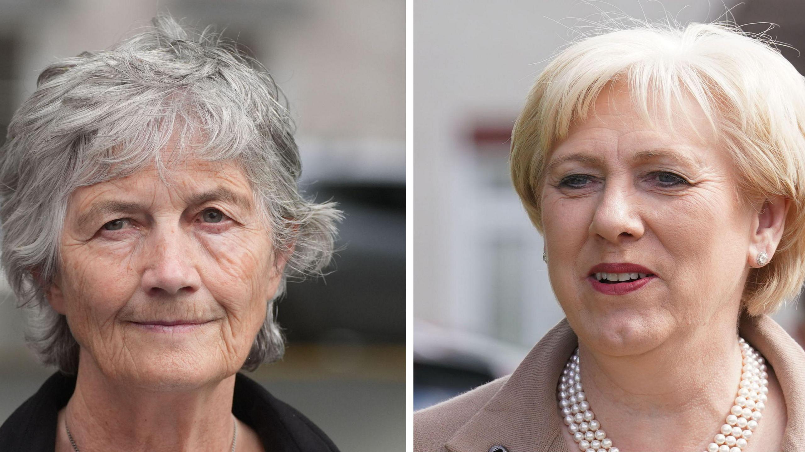 To the left of the image is Catherine Connolly, a woman with short grey hair. To the right is Heather Humphreys, a woman with short blonde hair. Both are pictured from the shoulders up.