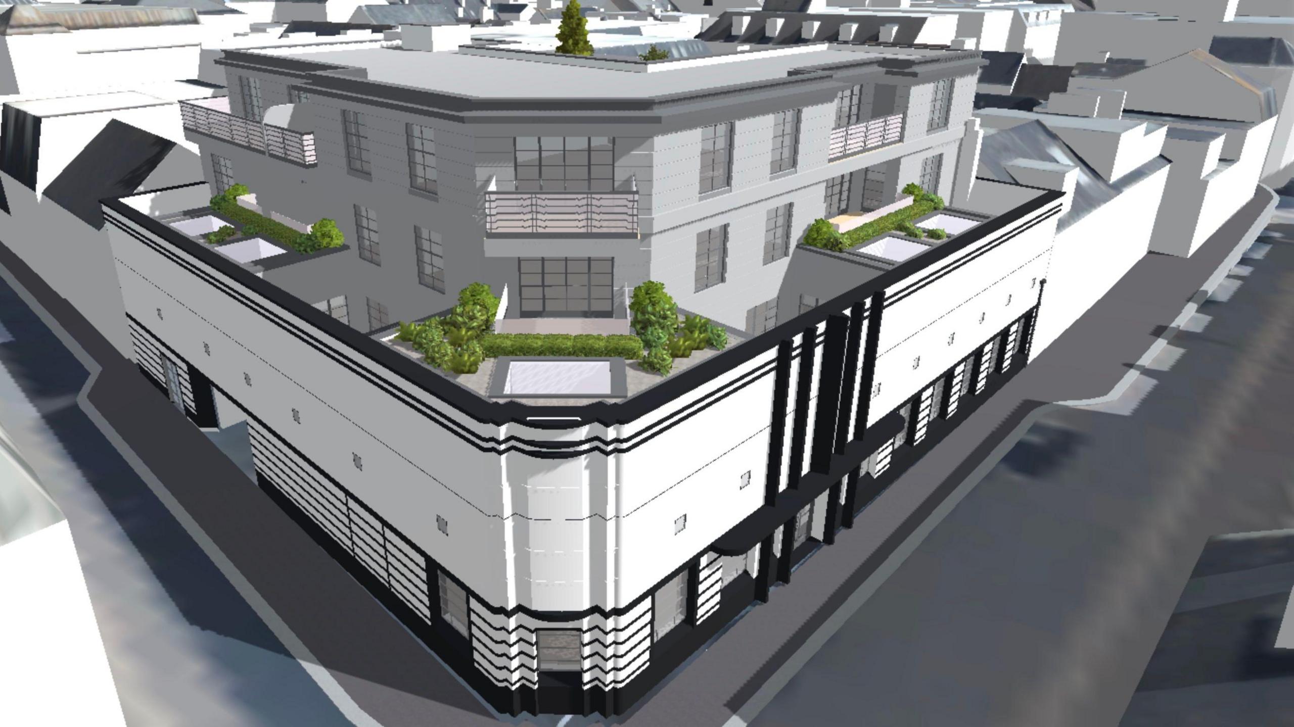 3D architectural rendering of a modern, multi-story building on a corner lot, featuring a white facade with black accents, large windows, residential units with balconies above, and rooftop gardens with greenery, set in an urban environment.