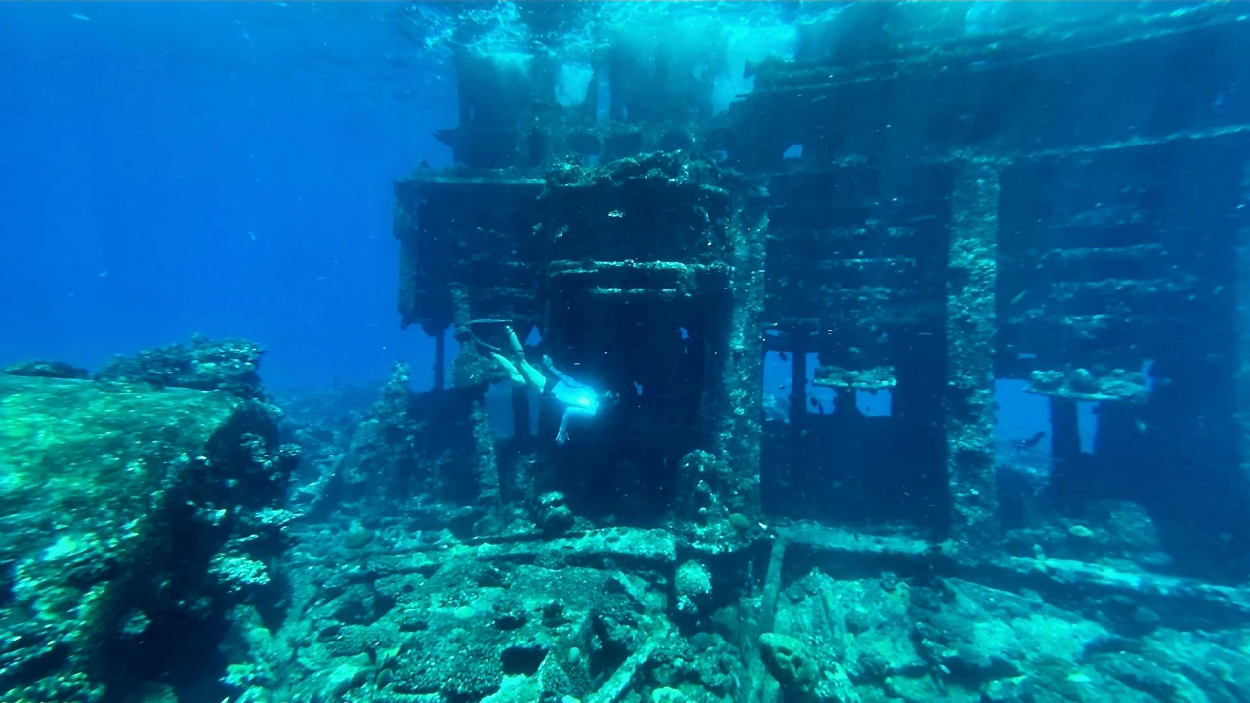 A snorkeller exploring a sunken ship.