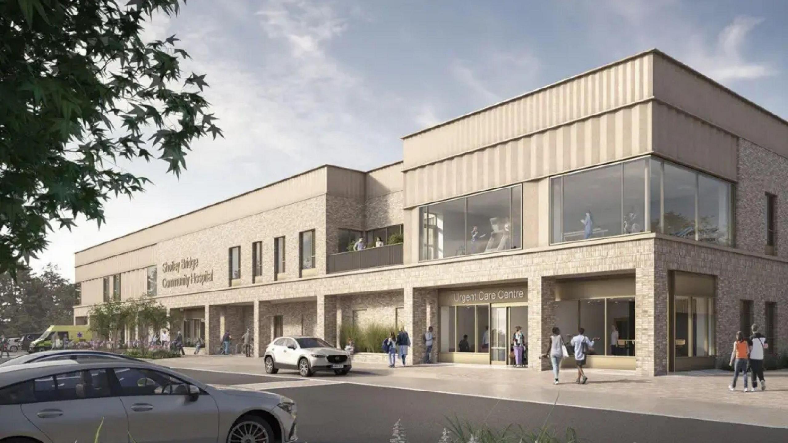 An artist's visualisation of the two-storey grey brick building with large windows. A sign on the front reads Shotley Bridge Community Hospital