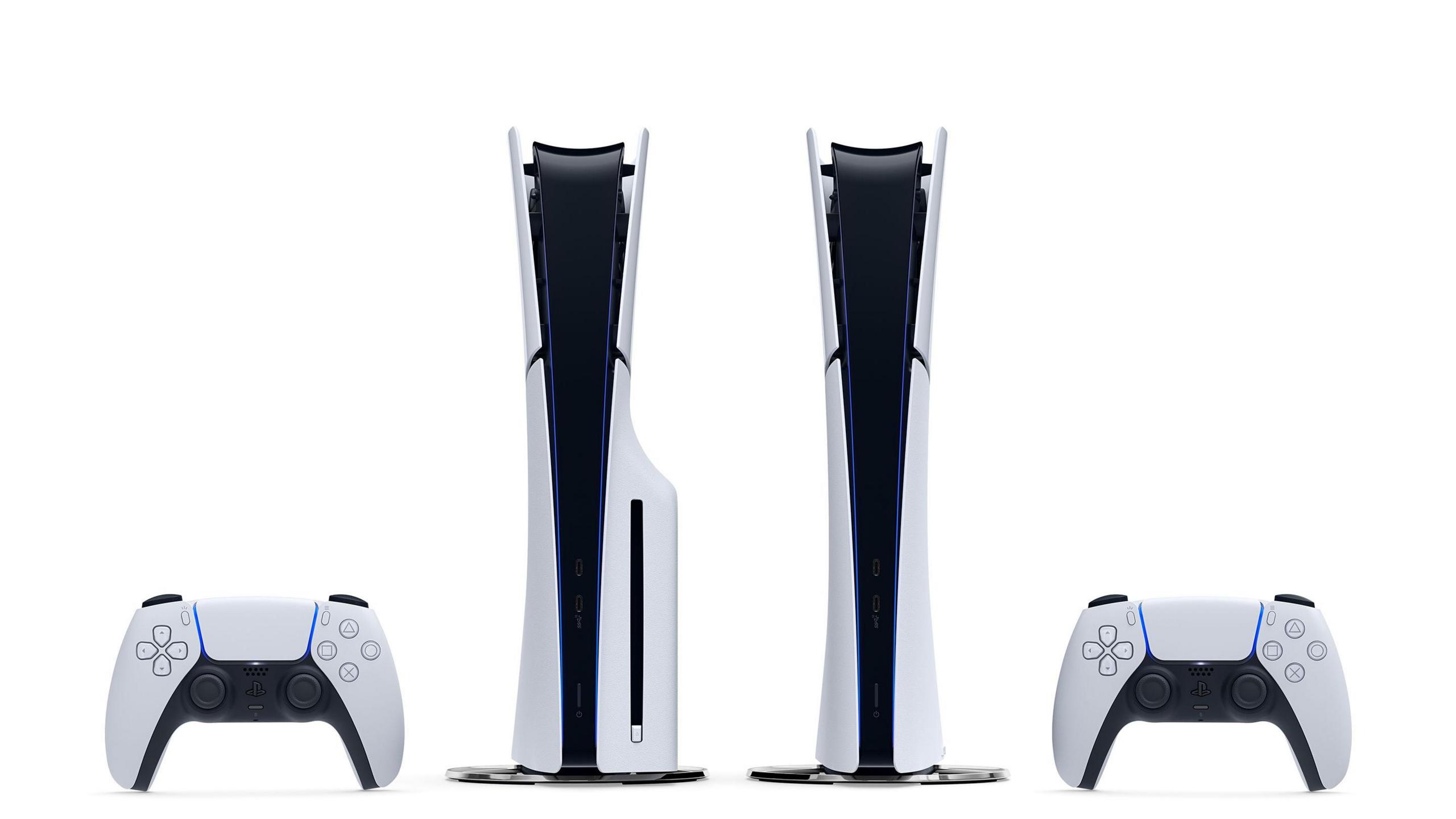 A product shot of two white Playstation 5 consoles, seen in profile, against a bright white background. Both are standing vertically, and the one on the left has a physical disc drive slot. A PS5 controller stands at the side of each console.