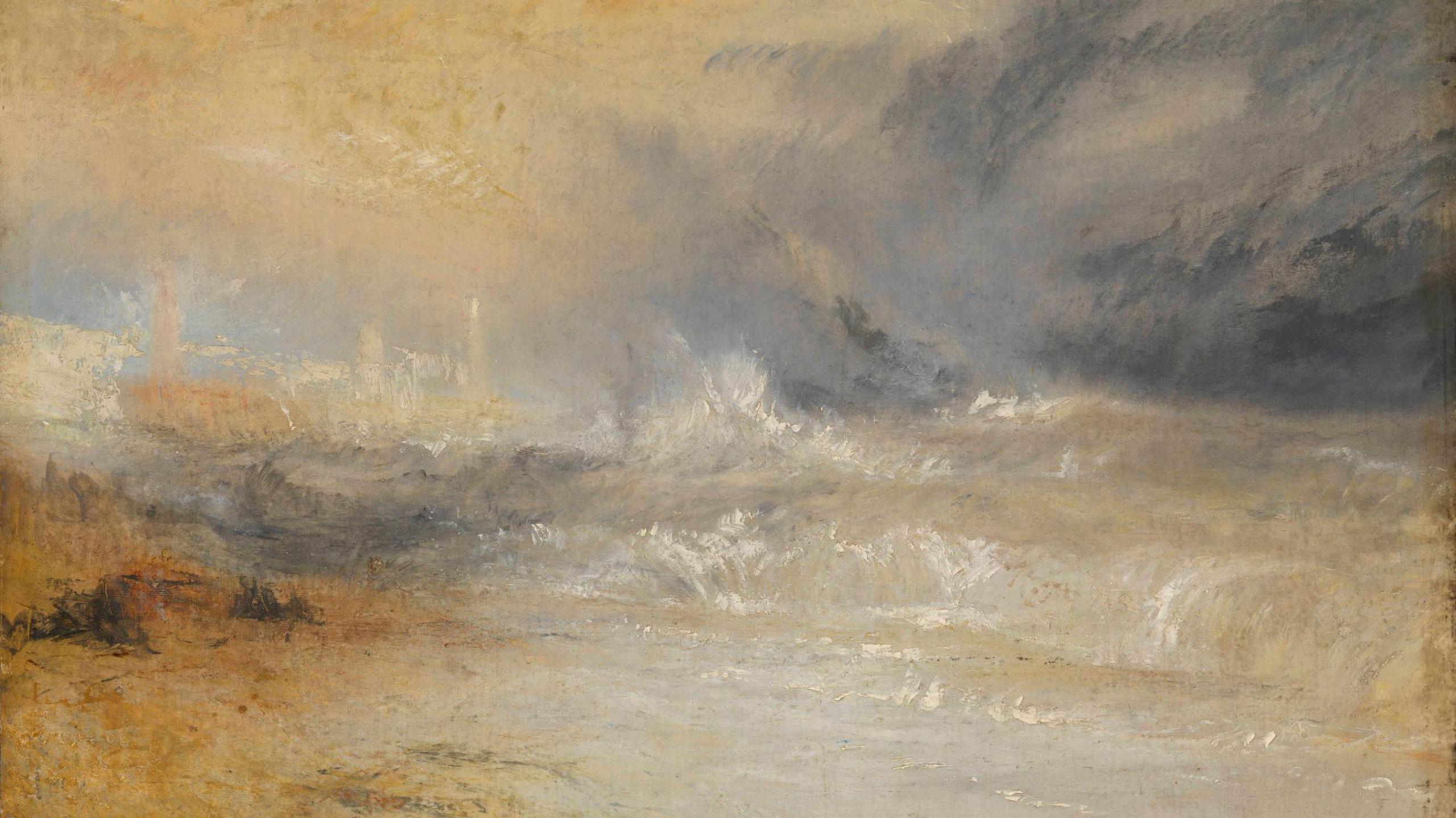 Waves Breaking on a Lee Shore at Margate - an oil sketch by Turner shows waves breaking with the town in the distance