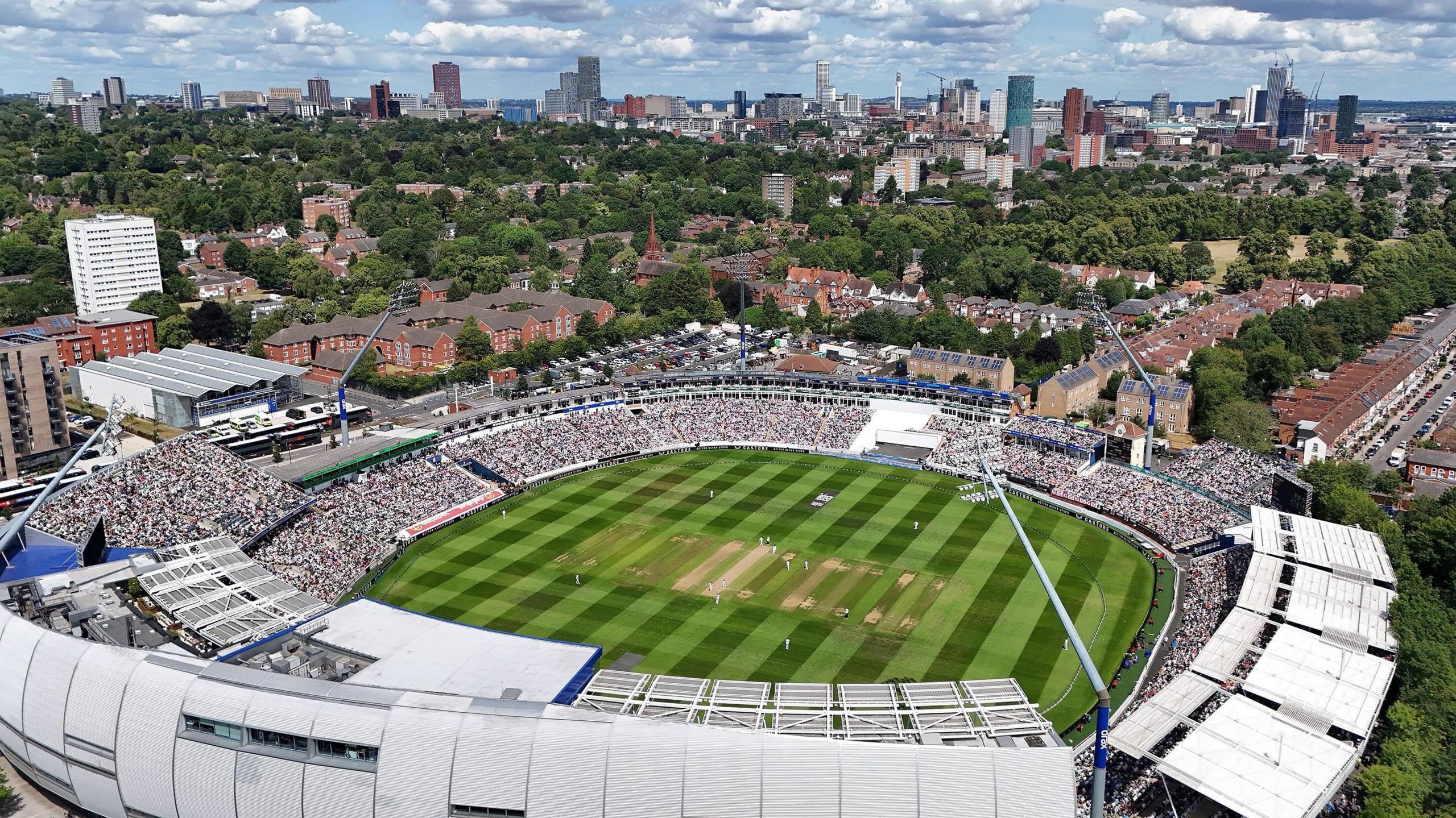Edgbaston Stadium with crowds filling the stands and a game of test cricket taking part on the green wicket