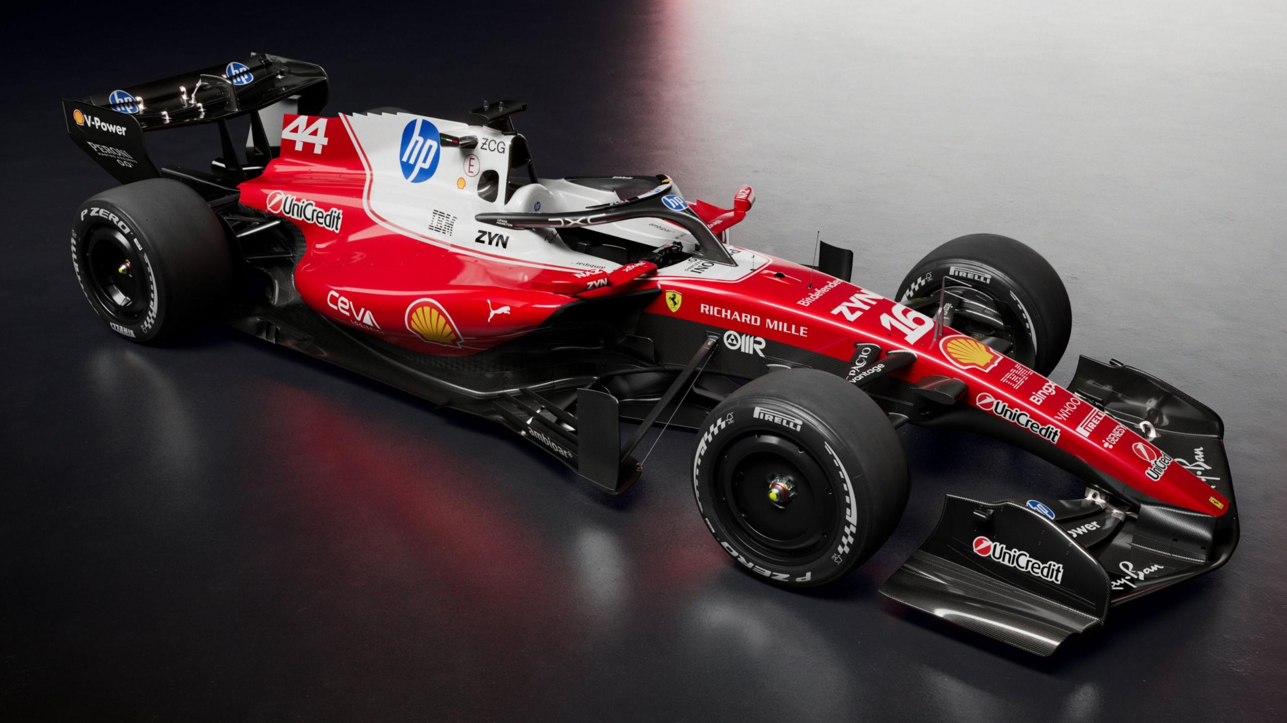 A graphic image showing the 2026 Ferrari Formula 1 car, from a side-on forward-facing angle