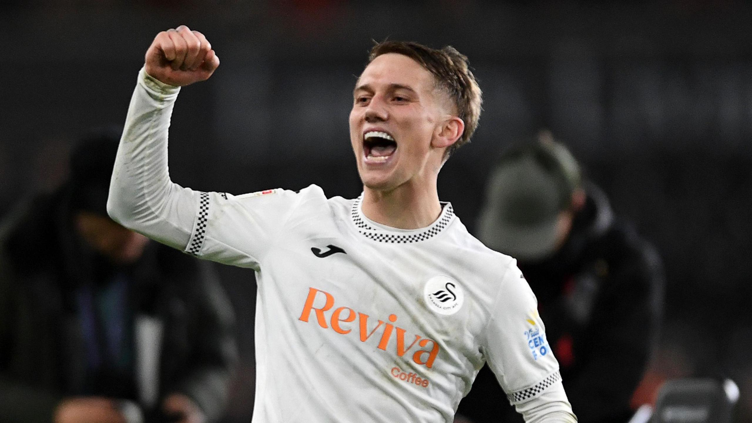 Ethan Galbraith celebrates victory over Wrexham last weekend 