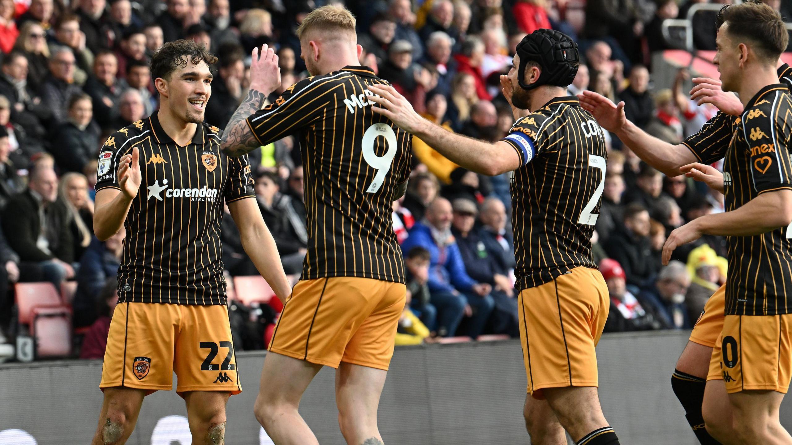 Hull players celebrate with goalscorer Kyle Joseph at Southampton