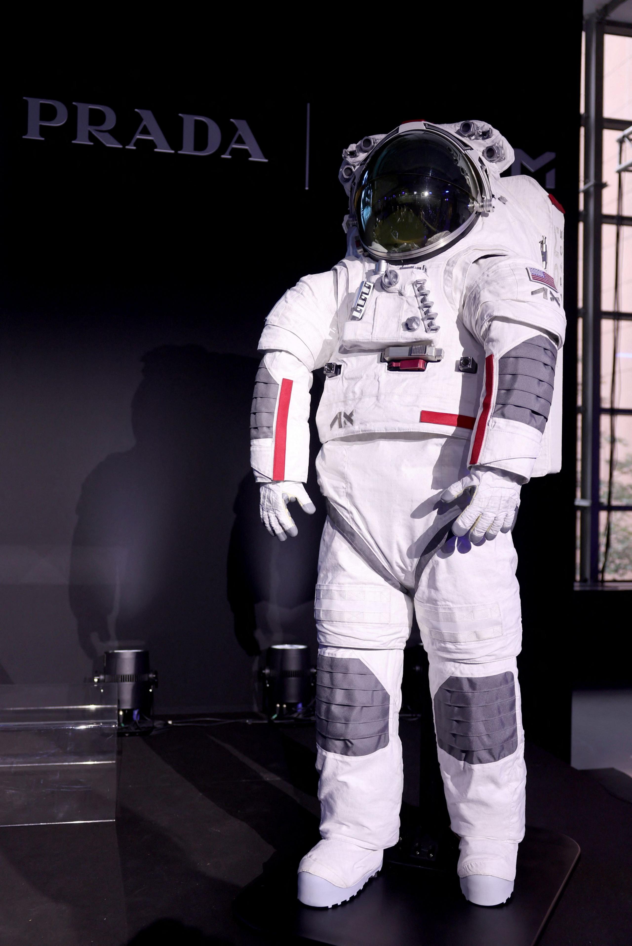 A full length picture of the space suit. 