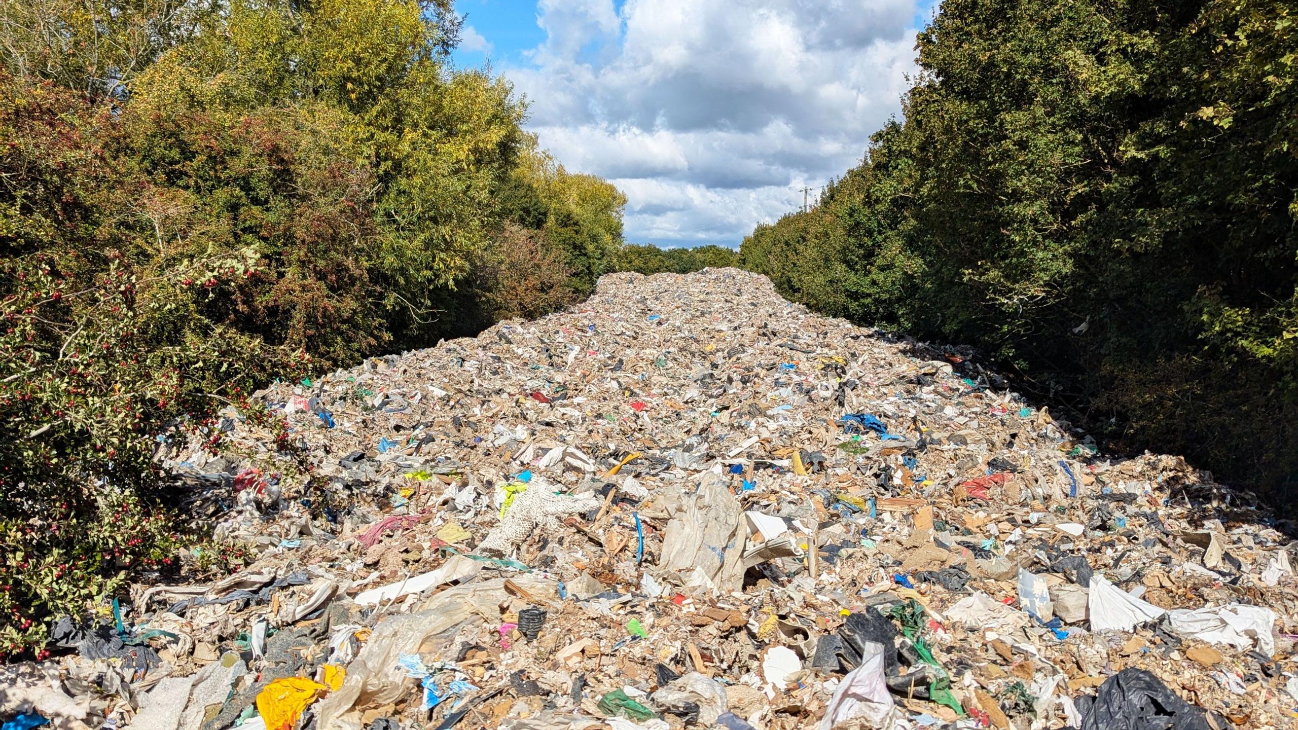 A pile of waste extends like a river between lines of trees into the far distance.