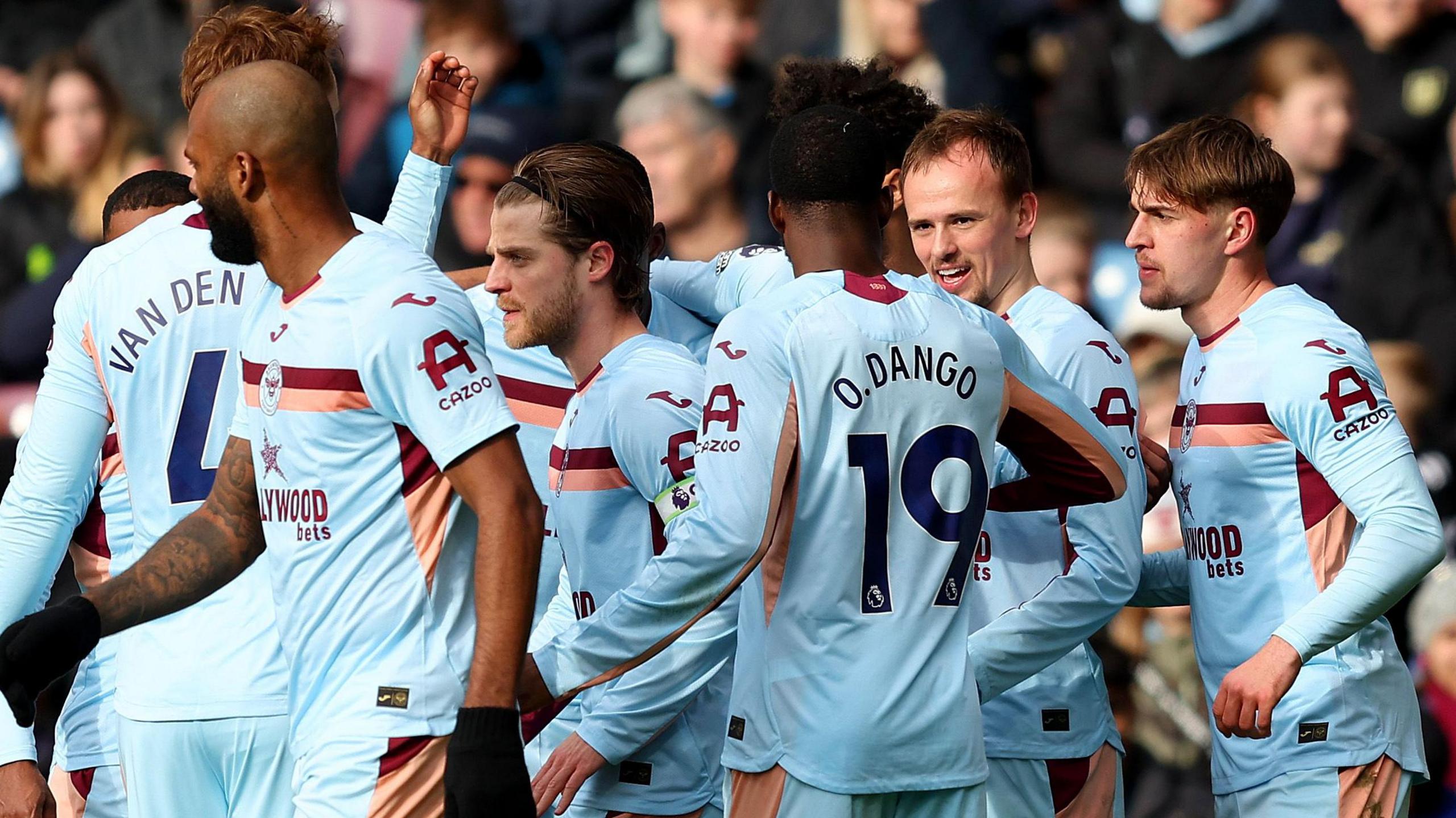 Brentford players celebrate after scoring against Burnley