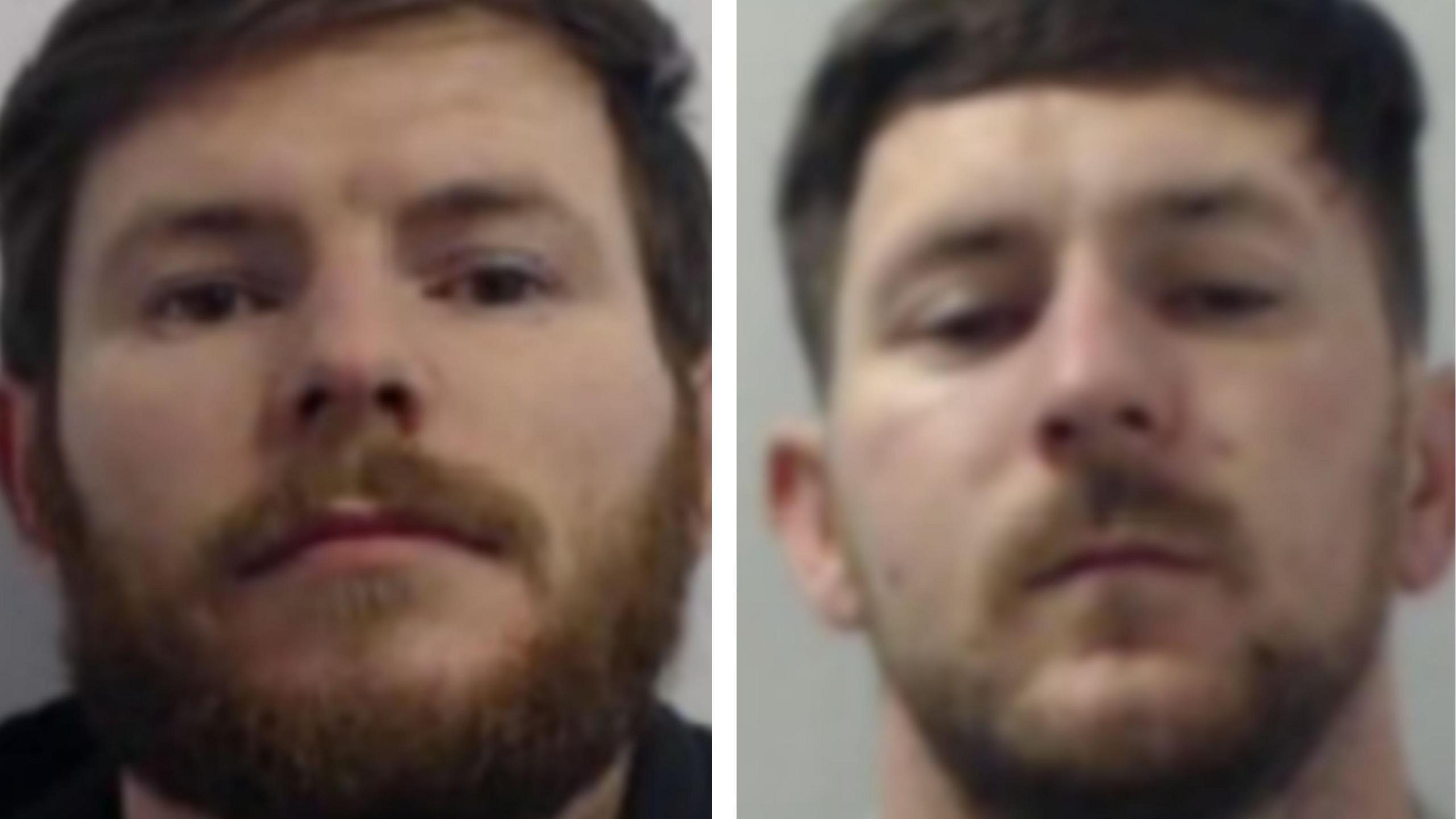 Police mugshots of Jason Cox, who has brown hair and a reddish brown beard, and Craig Cox, who has darker brown hair and a short beard. 