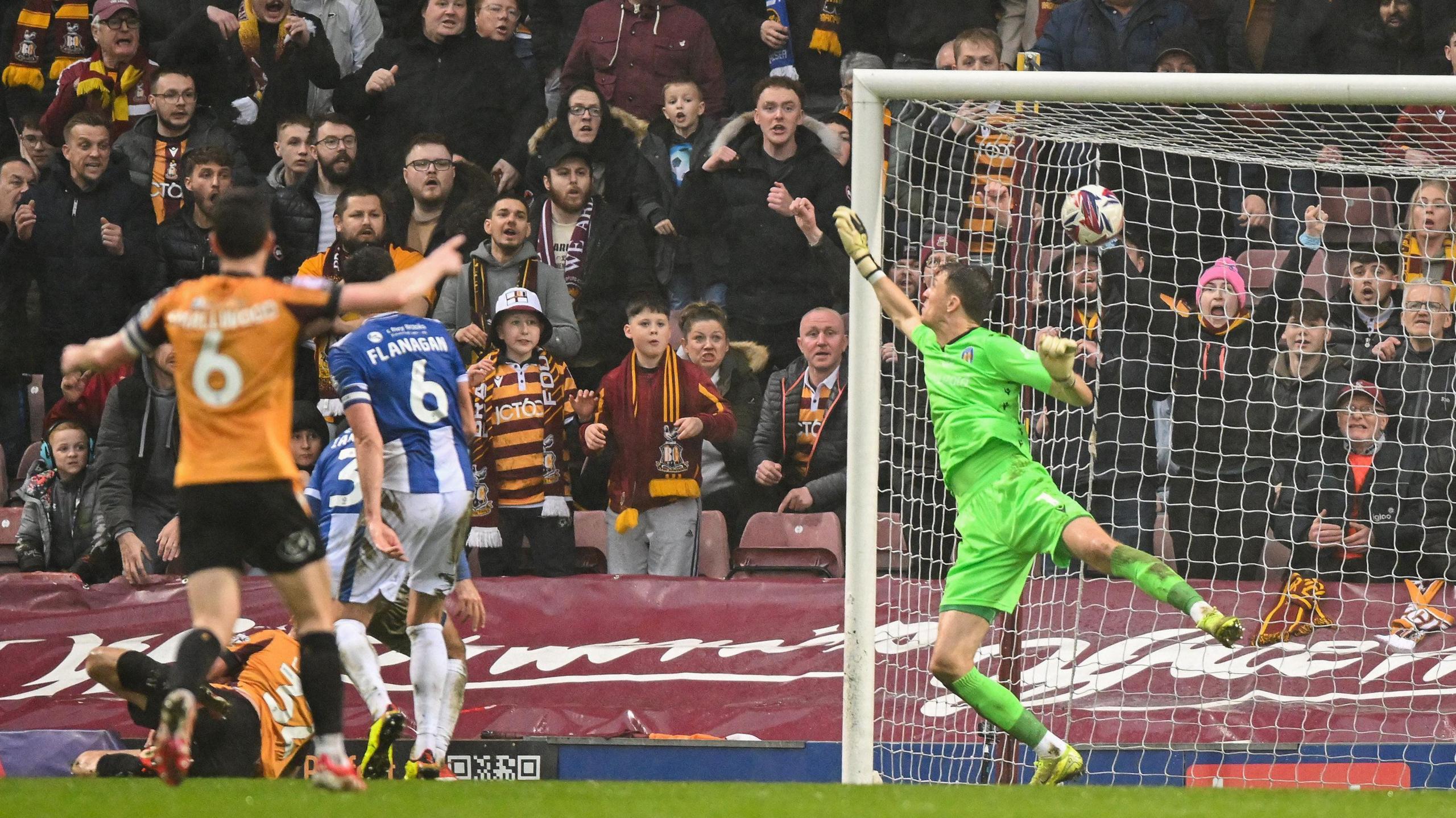 George Lapslie of Bradford City scores his second goal into the top-right corer to make it 4-1