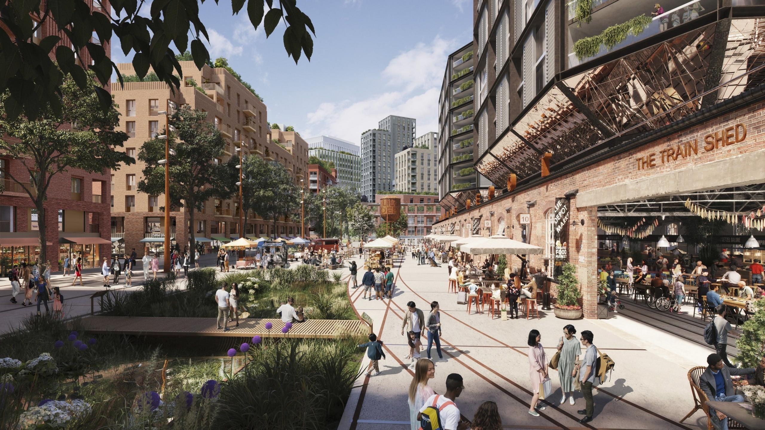 A digital mock up of a central thoroughfare through the new estate. People are walking by trees, plants and new buildings and retail spaces 