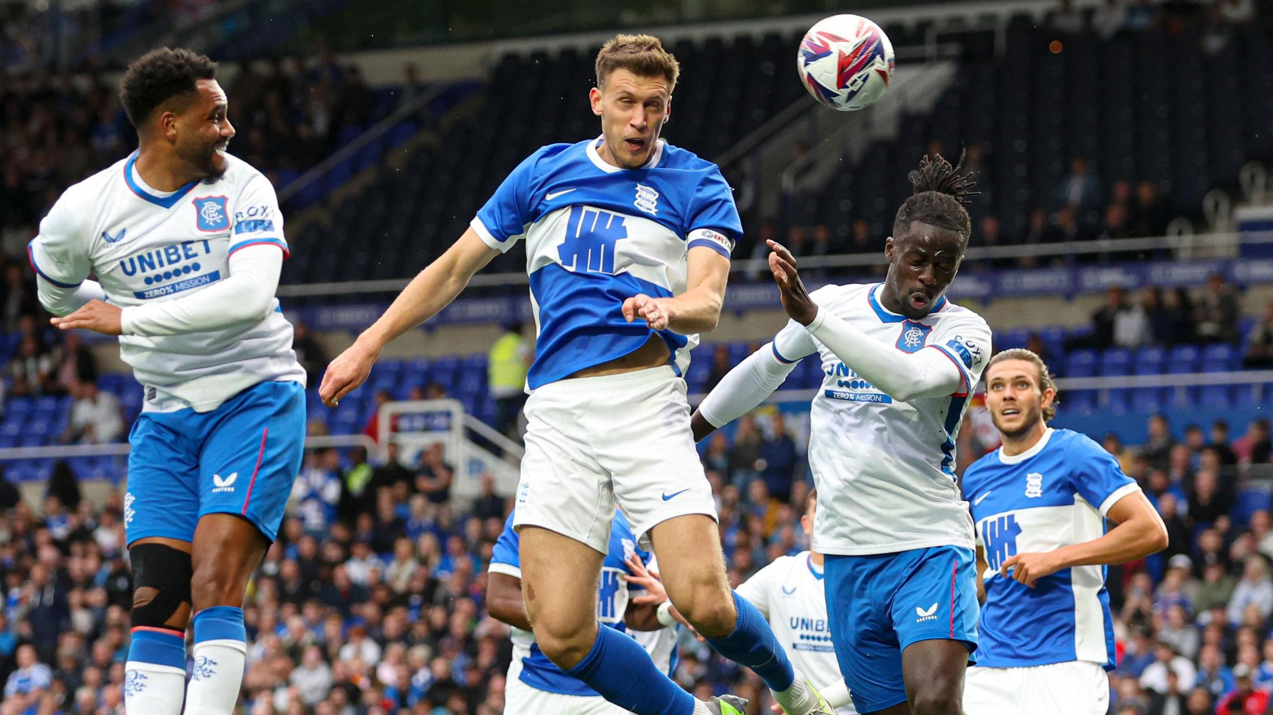 Captain Krystian Bielik heads Birmingham's first goal in the pre-season home friendly win over Rangers