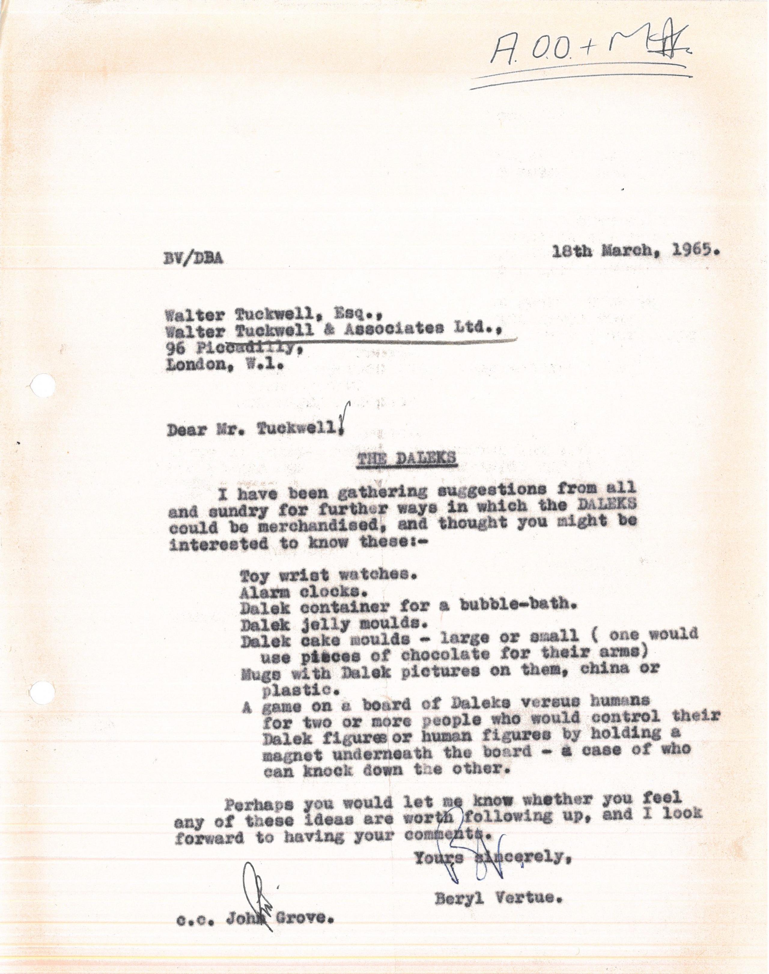  Letter from Beryl Vertue (Terry Nation's agent) with ideas for Dalek merchandise