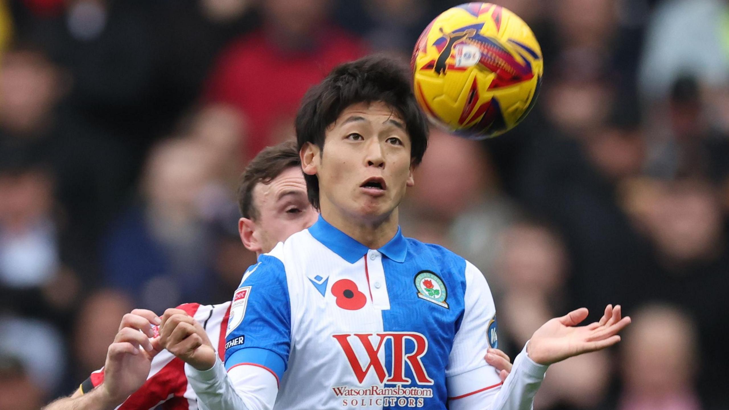 Blackburn Rovers striker Yuki Ohashi holds the ball up   