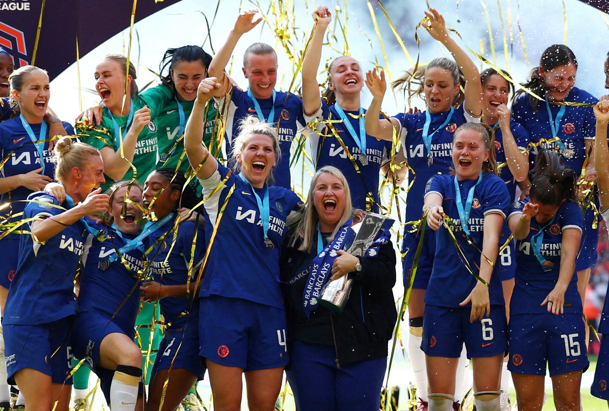 Chelsea's Millie Bright and the players celebrate after winning the Women's Super League, 18 May 2024