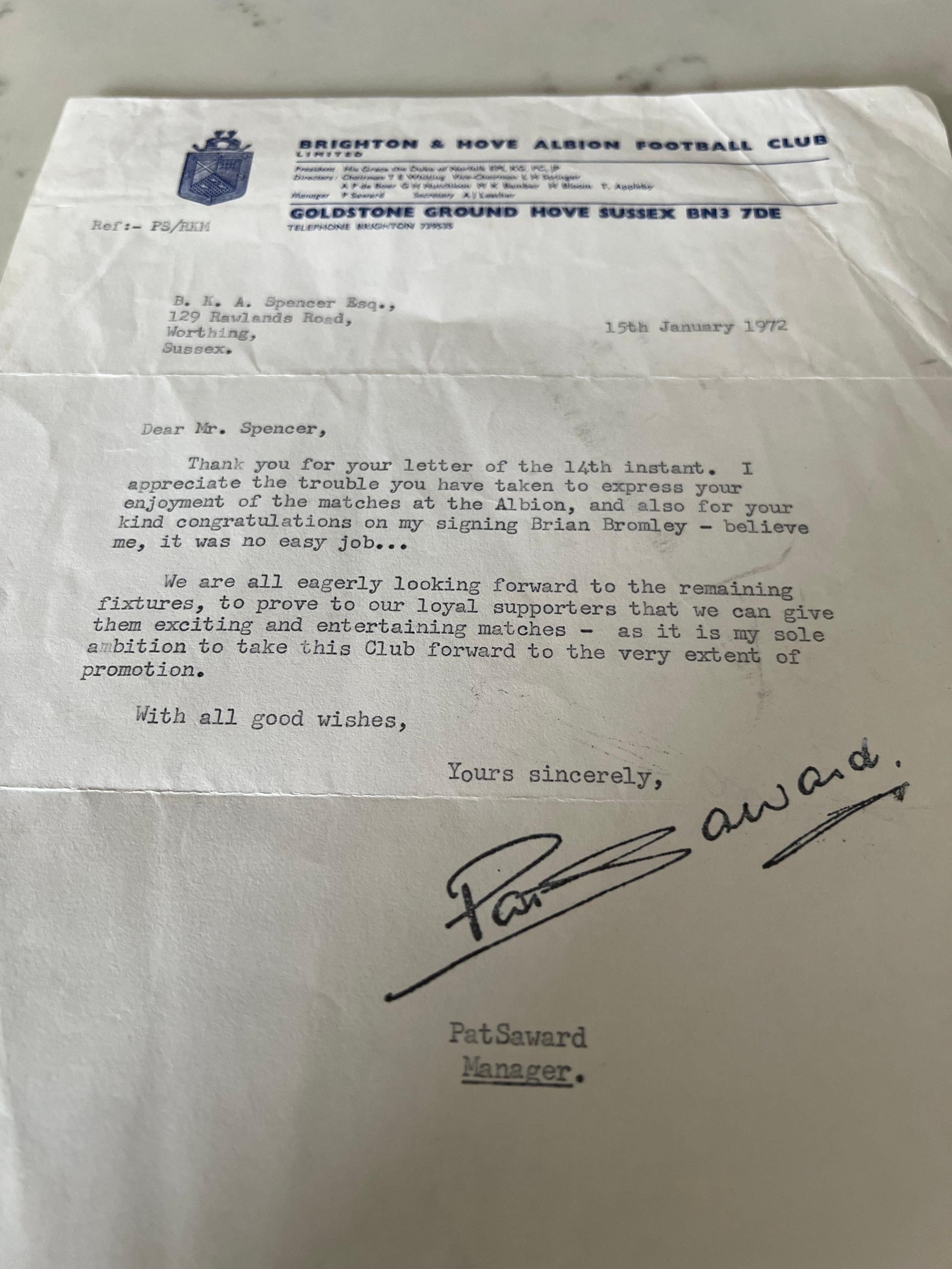A letter from Pat Saward, manager of Brighton, dated 15 January 1972
