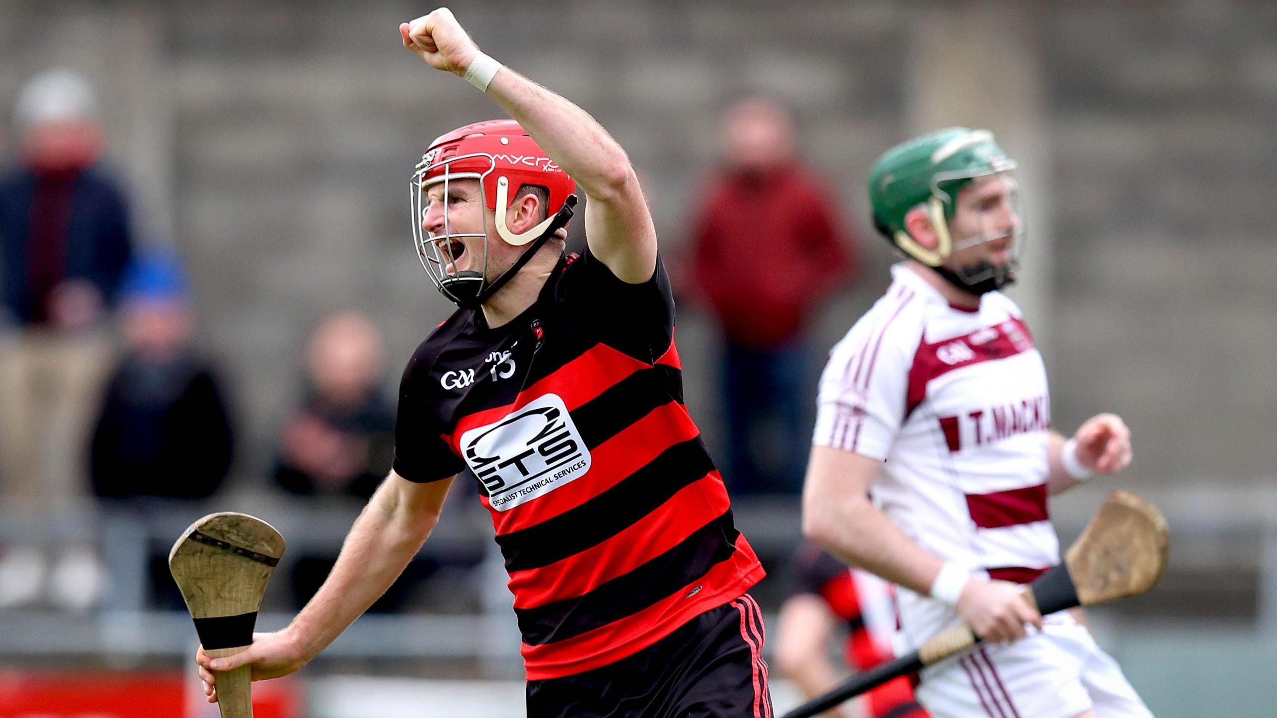 Billy O'Keefe celebrates after scoring Ballygunner's first goal in the All-Ireland Club Hurling semi-final win over Slaughtneil in January 2022